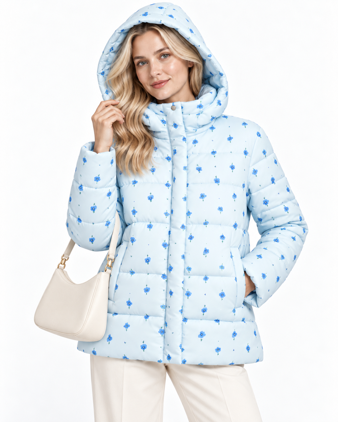 Floral print hooded down jacket
