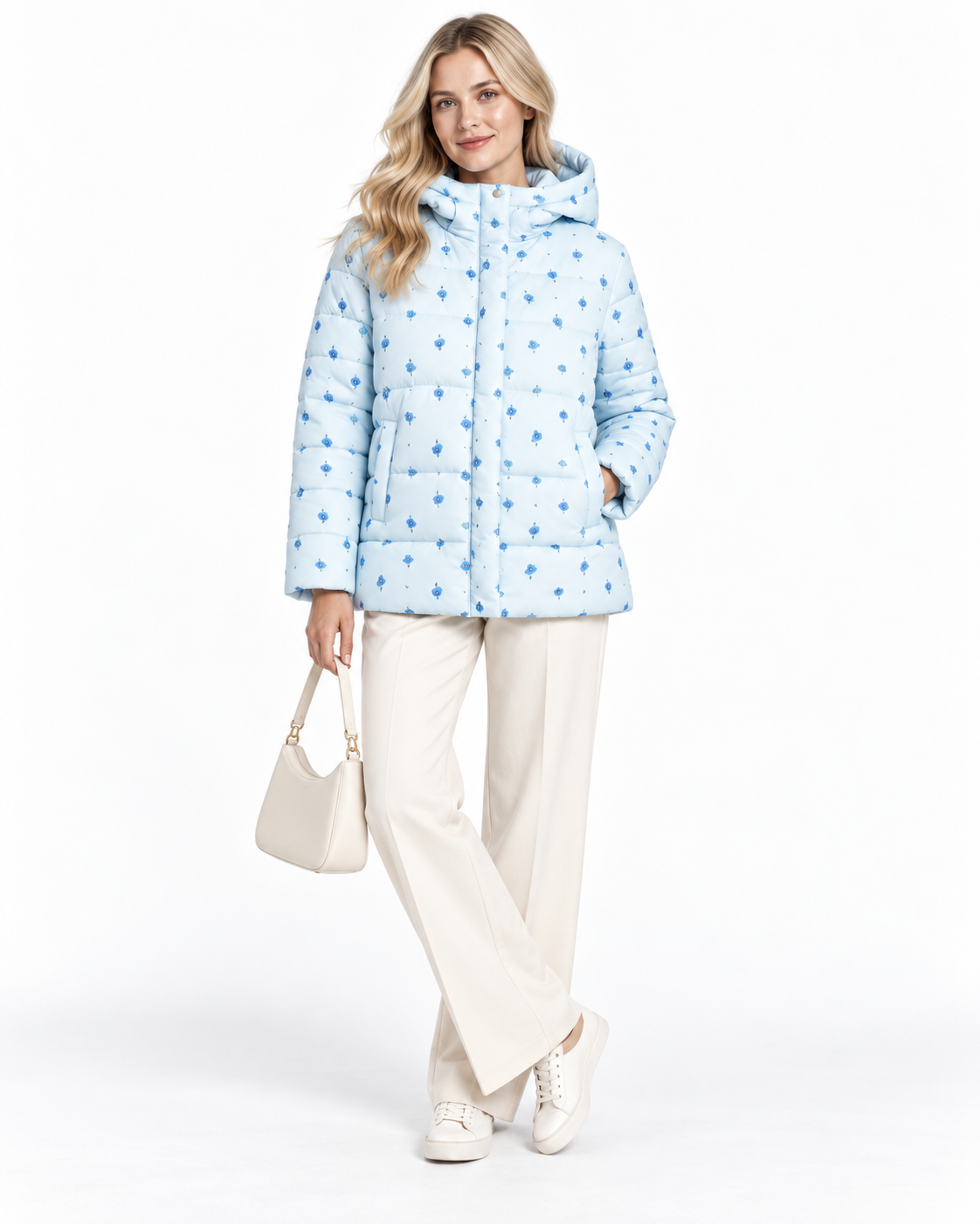 Floral print hooded down jacket