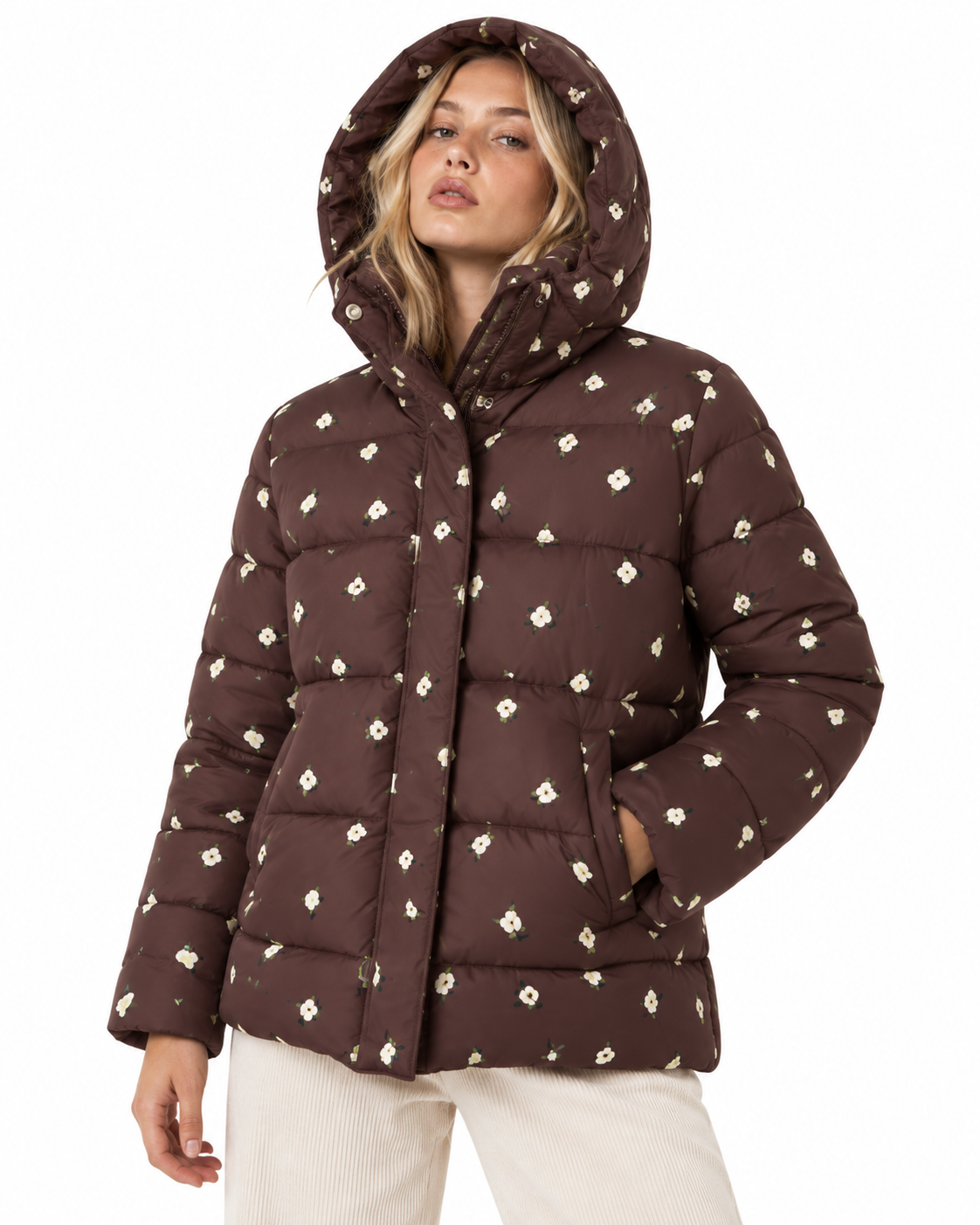 Floral print hooded down jacket